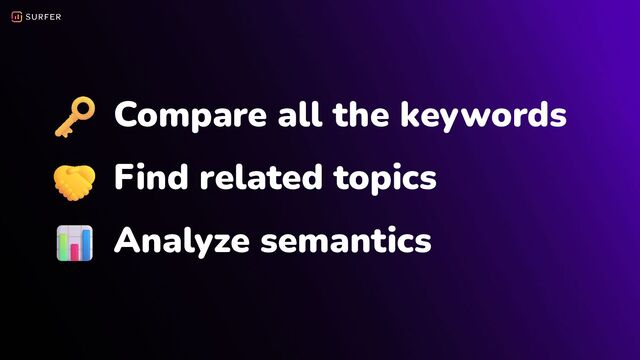 Compare all the keywords
Find related topics
Analyze semantics
