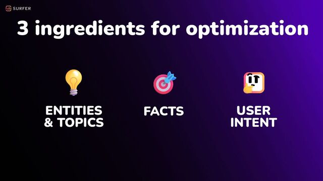 3 ingredients for optimization
ENTITIES
& TOPICS
FACTS USER
INTENT
