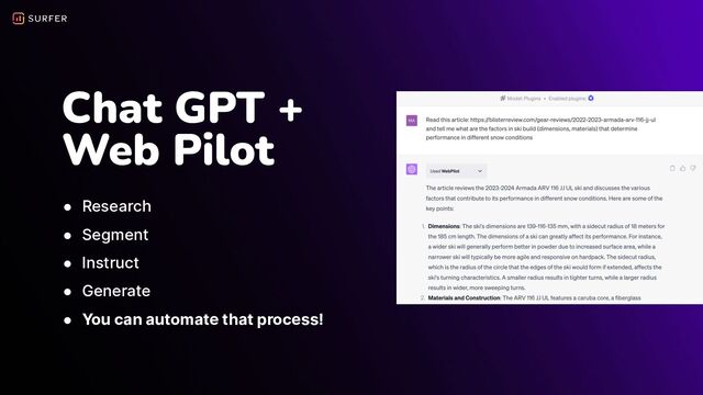 Chat GPT +
Web Pilot
● Research
● Segment
● Instruct
● Generate
● You can automate that process!
