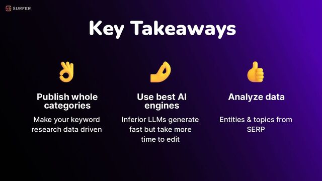 Entities & topics from
SERP
Inferior LLMs generate
fast but take more
time to edit
Use best AI
engines
Analyze data
Make your keyword
research data driven
Publish whole
categories
Key Takeaways
