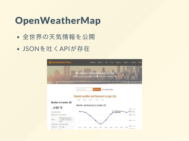 OpenWeatherMap
全世界の天気情報を公開
JSONを吐くAPIが存在
