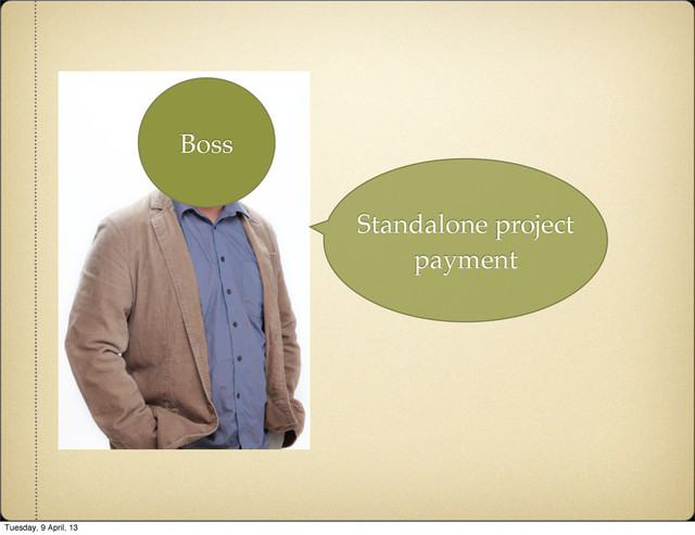 Standalone project
payment
Boss
Tuesday, 9 April, 13
