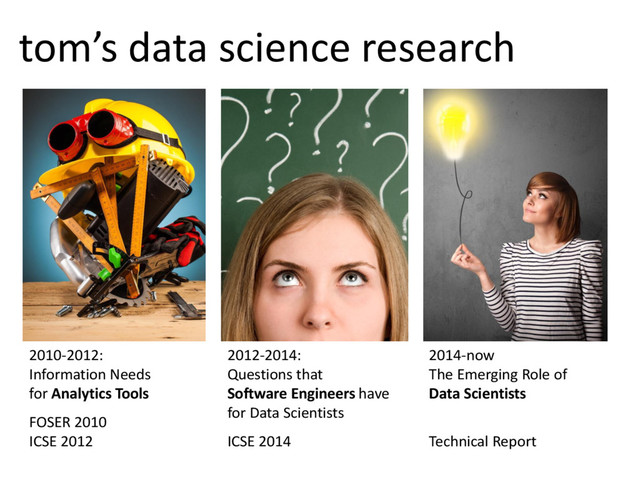 © Microsoft Corporation
2010-2012:
Information Needs
for Analytics Tools
FOSER 2010
ICSE 2012
2012-2014:
Questions that
Software Engineers have
for Data Scientists
ICSE 2014
2014-now
The Emerging Role of
Data Scientists
Technical Report
tom’s data science research
