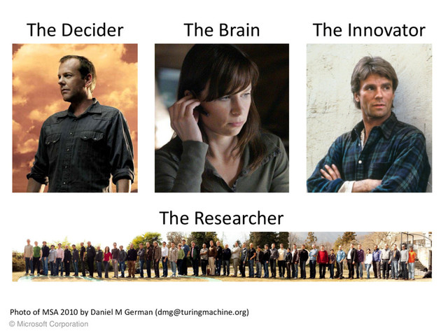 © Microsoft Corporation
The Decider The Brain The Innovator
Photo of MSA 2010 by Daniel M German (dmg@turingmachine.org)
The Researcher
