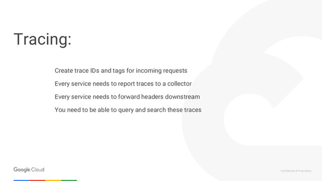Confidential & Proprietary
Tracing:
Create trace IDs and tags for incoming requests
Every service needs to report traces to a collector
Every service needs to forward headers downstream
You need to be able to query and search these traces
