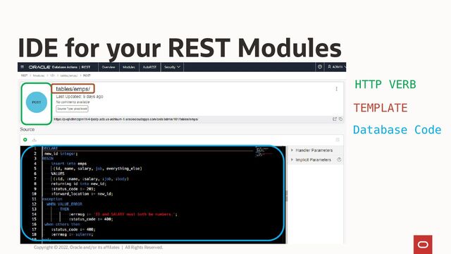 HTTP VERB
IDE for your REST Modules
TEMPLATE
Database Code
Copyright © 2022, Oracle and/or its affiliates | All Rights Reserved.
