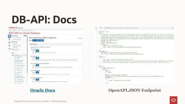 Oracle Docs OpenAPI.JSON Endpoint
DB-API: Docs
Copyright © 2022, Oracle and/or its affiliates | All Rights Reserved.
