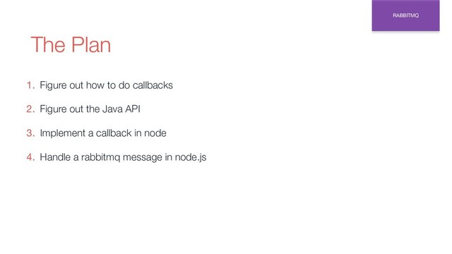 The Plan
1. Figure out how to do callbacks
2. Figure out the Java API
3. Implement a callback in node
4. Handle a rabbitmq message in node.js
RABBITMQ

