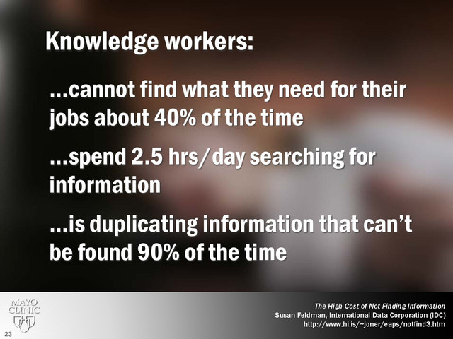 Knowledge workers:
…cannot find what they need for their
jobs about 40% of the time
…spend 2.5 hrs/day searching for
information
…is duplicating information that can’t
be found 90% of the time
The High Cost of Not Finding Information
Susan Feldman, International Data Corporation (IDC)
http://www.hi.is/~joner/eaps/notfind3.htm
23
