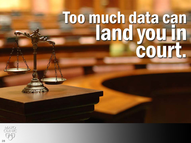 Too much data can
land you in
court.
28
