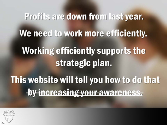 Profits are down from last year.
We need to work more efficiently.
Working efficiently supports the
strategic plan.
This website will tell you how to do that
by increasing your awareness.
by
34
