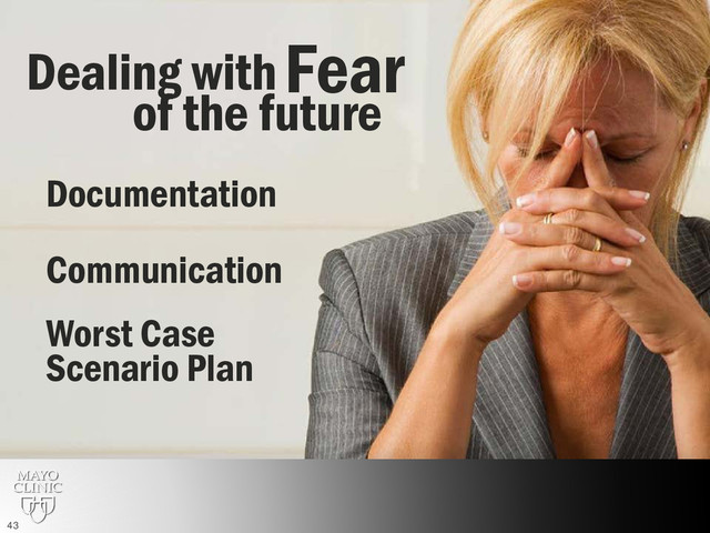 Documentation
Worst Case
Scenario Plan
Communication
Fear
Dealing with
of the future
43
