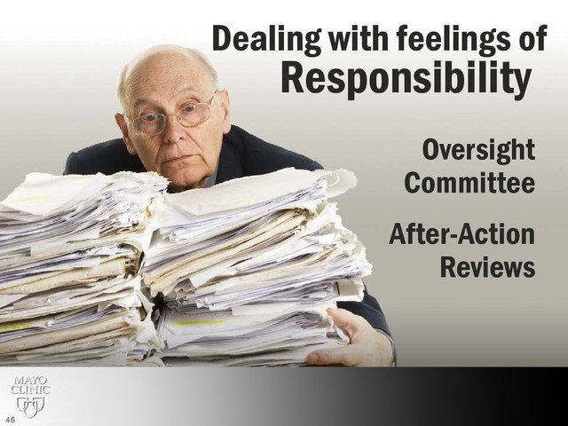 Responsibility
Dealing with feelings of
Oversight
Committee
After-Action
Reviews
46
