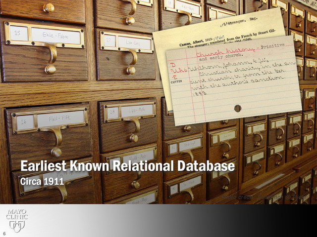 Photo credit: Bookfinch @ Flickr
Earliest Known Relational Database
Circa 1911
6
