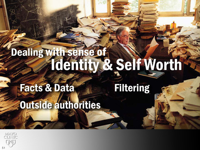 Filtering
Facts & Data
Identity & Self Worth
Dealing with sense of
Outside authorities
51
