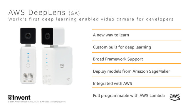 © 2017, Amazon Web Services, Inc. or its Affiliates. All rights reserved.
A new way to learn
Custom built for deep learning
Broad Framework Support
Deploy models from Amazon SageMaker
Integrated with AWS
Full programmable with AWS Lambda
AWS DeepLens ( G A )
W o r l d ’s f i r s t d e e p l e a r n i n g e n a b l e d v i d e o c a m e r a f o r d e v e l o p e r s
