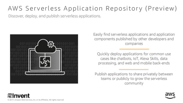 © 2017, Amazon Web Services, Inc. or its Affiliates. All rights reserved.
Discover, deploy, and publish serverless applications.
Easily find serverless applications and application
components published by other developers and
companies
Quickly deploy applications for common use
cases like chatbots, IoT, Alexa Skills, data
processing, and web and mobile back-ends
Publish applications to share privately between
teams or publicly to grow the serverless
community
AWS Serverless Application Repository (Preview)
