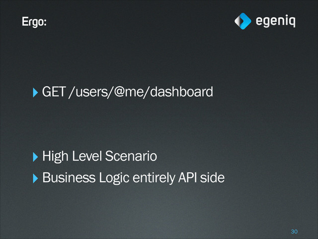 Ergo:
‣GET /users/@me/dashboard
!
!
‣High Level Scenario
‣Business Logic entirely API side
!30
