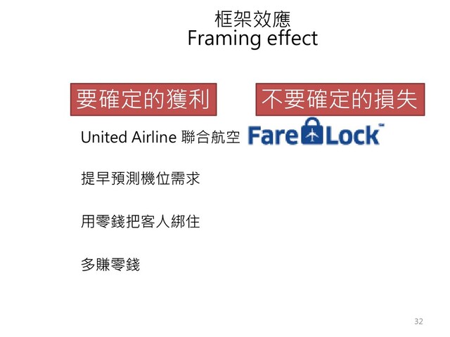 框架效應
Framing effect
要確定的獲利 不要確定的損失
United Airline 聯合航空
提早預測機位需求
用零錢把客人綁住
多賺零錢
32
