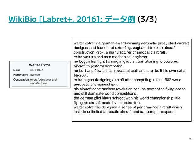 WikiBio [Labret+, 2016]: データ例 (3/3)
35
walter extra is a german award-winning aerobatic pilot , chief aircraft
designer and founder of extra flugzeugbau -lrb- extra aircraft
construction -rrb- , a manufacturer of aerobatic aircraft .
extra was trained as a mechanical engineer .
he began his flight training in gliders , transitioning to powered
aircraft to perform aerobatics .
he built and flew a pitts special aircraft and later built his own extra
ea-230 .
extra began designing aircraft after competing in the 1982 world
aerobatic championships .
his aircraft constructions revolutionized the aerobatics flying scene
and still dominate world competitions .
the german pilot klaus schrodt won his world championship title
flying an aircraft made by the extra firm .
walter extra has designed a series of performance aircraft which
include unlimited aerobatic aircraft and turboprop transports .
