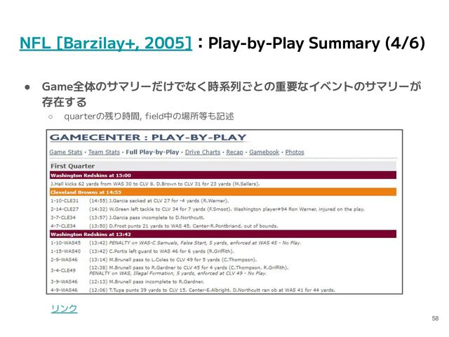 NFL [Barzilay+, 2005]：Play-by-Play Summary (4/6)
● Game全体のサマリーだけでなく時系列ごとの重要なイベントのサマリーが
存在する
○ quarterの残り時間, ﬁeld中の場所等も記述
58
リンク
