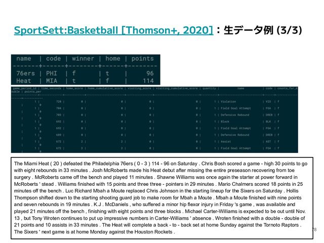 SportSett:Basketball [Thomson+, 2020]：生データ例 (3/3)
78
The Miami Heat ( 20 ) defeated the Philadelphia 76ers ( 0 - 3 ) 114 - 96 on Saturday . Chris Bosh scored a game - high 30 points to go
with eight rebounds in 33 minutes . Josh McRoberts made his Heat debut after missing the entire preseason recovering from toe
surgery . McRoberts came off the bench and played 11 minutes . Shawne Williams was once again the starter at power forward in
McRoberts ' stead . Williams finished with 15 points and three three - pointers in 29 minutes . Mario Chalmers scored 18 points in 25
minutes off the bench . Luc Richard Mbah a Moute replaced Chris Johnson in the starting lineup for the Sixers on Saturday . Hollis
Thompson shifted down to the starting shooting guard job to make room for Mbah a Moute . Mbah a Moute finished with nine points
and seven rebounds in 19 minutes . K.J . McDaniels , who suffered a minor hip flexor injury in Friday 's game , was available and
played 21 minutes off the bench , finishing with eight points and three blocks . Michael Carter-Williams is expected to be out until Nov.
13 , but Tony Wroten continues to put up impressive numbers in Carter-Williams ' absence . Wroten finished with a double - double of
21 points and 10 assists in 33 minutes . The Heat will complete a back - to - back set at home Sunday against the Tornoto Raptors .
The Sixers ' next game is at home Monday against the Houston Rockets .
