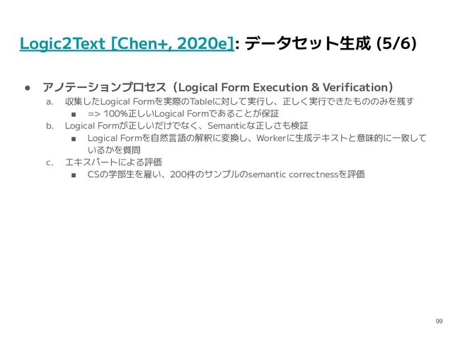 Logic2Text [Chen+, 2020e]: データセット生成 (5/6)
● アノテーションプロセス（Logical Form Execution & Veriﬁcation）
a. 収集したLogical Formを実際のTableに対して実行し、正しく実行できたもののみを残す
■ => 100%正しいLogical Formであることが保証
b. Logical Formが正しいだけでなく、Semanticな正しさも検証
■ Logical Formを自然言語の解釈に変換し、Workerに生成テキストと意味的に一致して
いるかを質問
c. エキスパートによる評価
■ CSの学部生を雇い、200件のサンプルのsemantic correctnessを評価
99
