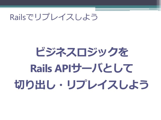 Railsでリプレイスしよう
ビジネスロジックを
Rails APIサーバとして
切り出し・リプレイスしよう
