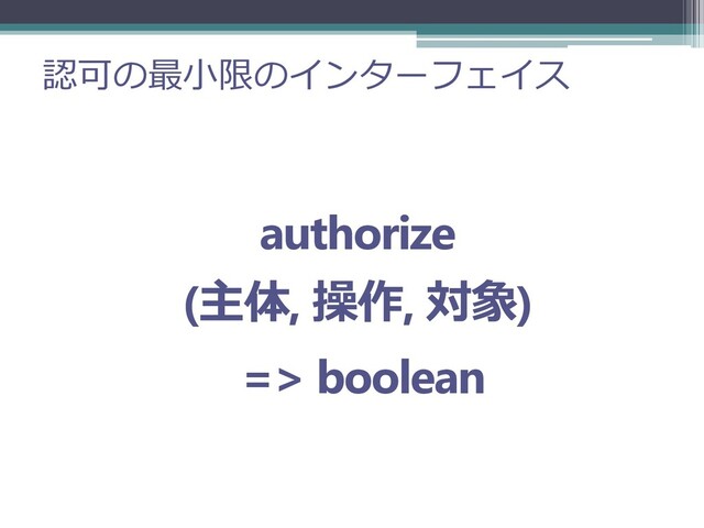 認可の最小限のインターフェイス
authorize
(主体, 操作, 対象)
=> boolean
