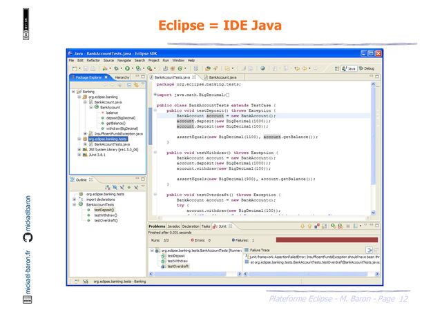 12
Plateforme Eclipse - M. Baron - Page
mickael-baron.fr mickaelbaron
Eclipse = IDE Java

