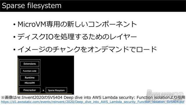 Sparse filesystem
• MicroVM専⽤の新しいコンポーネント
• ディスクIOを処理するためのレイヤー
• イメージのチャンクをオンデマンドでロード
※画像はre:Invent2020のSVS404 Deep dive into AWS Lambda security: Function isolationより引⽤
https://d1.awsstatic.com/events/reinvent/2020/Deep_dive_into_AWS_Lambda_security_Function_isolation_SVS404.pdf
