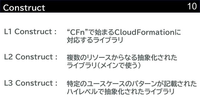10
Construct
L1 Construct : “CFn”で始まるCloudFormationに
対応するライブラリ
L2 Construct : 複数のリソースからなる抽象化された
ライブラリ(メインで使う)
L3 Construct : 特定のユースケースのパターンが記載された
ハイレベルで抽象化されたライブラリ
