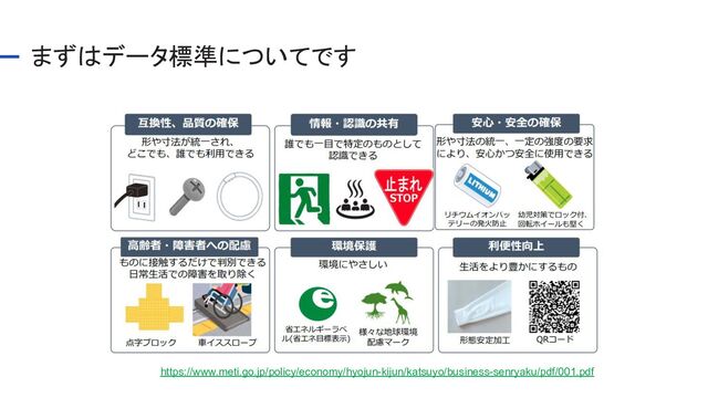 まずはデータ標準についてです 
https://www.meti.go.jp/policy/economy/hyojun-kijun/katsuyo/business-senryaku/pdf/001.pdf 
