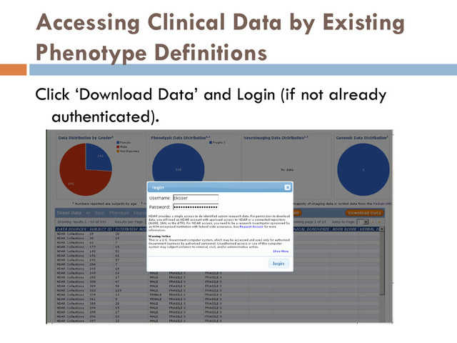 Accessing Clinical Data by Existing
Phenotype Definitions
Click ‘Download Data’ and Login (if not already
authenticated).
