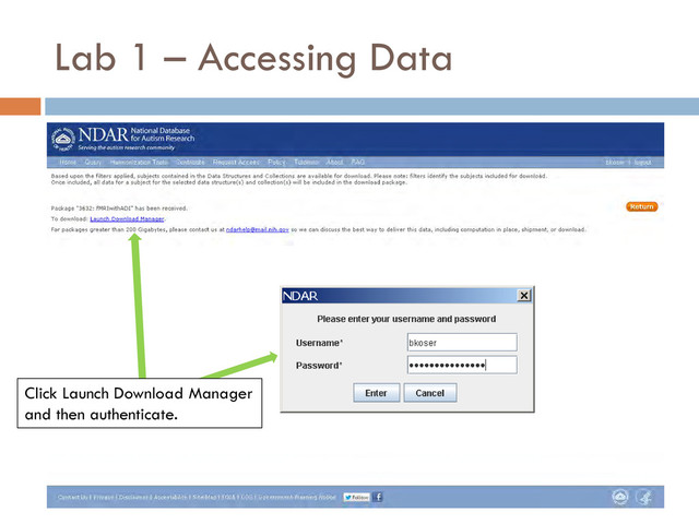 Lab 1 – Accessing Data
Click Launch Download Manager
and then authenticate.
