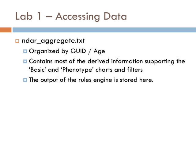Lab 1 – Accessing Data
 ndar_aggregate.txt
 Organized by GUID / Age
 Contains most of the derived information supporting the
‘Basic’ and ‘Phenotype’ charts and filters
 The output of the rules engine is stored here.
