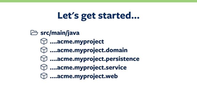 Let's get started…
src/main/java
….acme.myproject
….acme.myproject.domain
….acme.myproject.persistence
….acme.myproject.service
….acme.myproject.web
