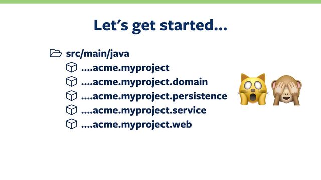Let's get started…
src/main/java
….acme.myproject
….acme.myproject.domain
….acme.myproject.persistence
….acme.myproject.service
….acme.myproject.web
#$
