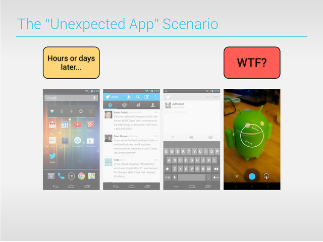 Hours or days
later...
WTF?
The “Unexpected App” Scenario
