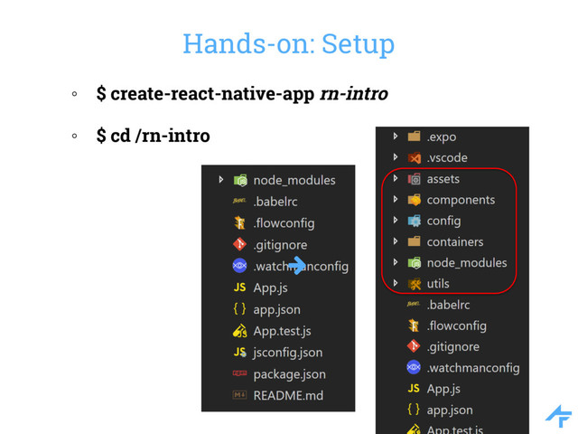 Hands-on: Setup
◦ $ create-react-native-app rn-intro
◦ $ cd /rn-intro
