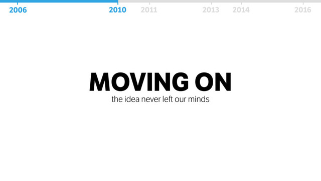 MOVING ON
the idea never left our minds
2006 2010 2011 2013 2014 2016

