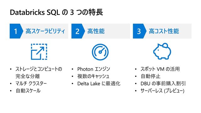 Databricks SQL の 3 つの特長
1 高スケーラビリティ 2 高性能 3 高コスト性能
• ストレージとコンピュートの
完全な分離
• マルチ クラスター
• 自動スケール
• Photon エンジン
• 複数のキャッシュ
• Delta Lake に最適化
• スポット VM の活用
• 自動停止
• DBU の事前購入割引
• サーバーレス (プレビュー)

