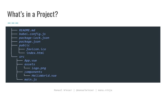 Manuel Wieser | @manuelwieser | manu.ninja
What’s in a Project?
├── README.md
├── babel.config.js
├── package-lock.json
├── package.json
├── public
│ ├── favicon.ico
│ └── index.html
└── src
├── App.vue
├── assets
│ └── logo.png
├── components
│ └── HelloWorld.vue
└── main.js
