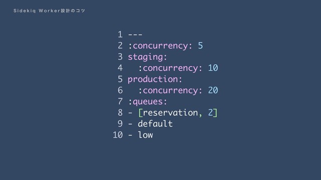 1 ---
2 :concurrency: 5
3 staging:
4 :concurrency: 10
5 production:
6 :concurrency: 20
7 :queues:
8 - [reservation, 2]
9 - default
10 - low
4 J E F L J R  8 P S L F S ઃ ܭ ͷ ί π
