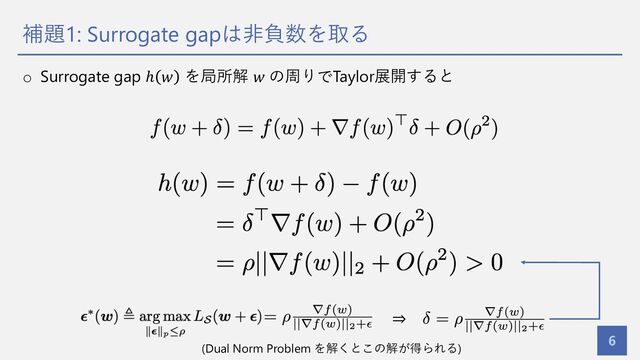補題1: Surrogate gapは⾮負数を取る
6
o Surrogate gap ℎ 𝑤 を局所解 𝑤 の周りでTaylor展開すると
(Dual Norm Problem を解くとこの解が得られる)
⇒
