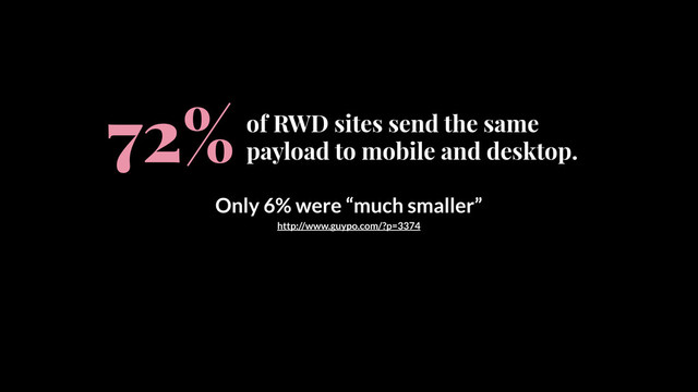 of RWD sites send the same
payload to mobile and desktop.
72%
Only 6% were “much smaller”
http://www.guypo.com/?p=3374
