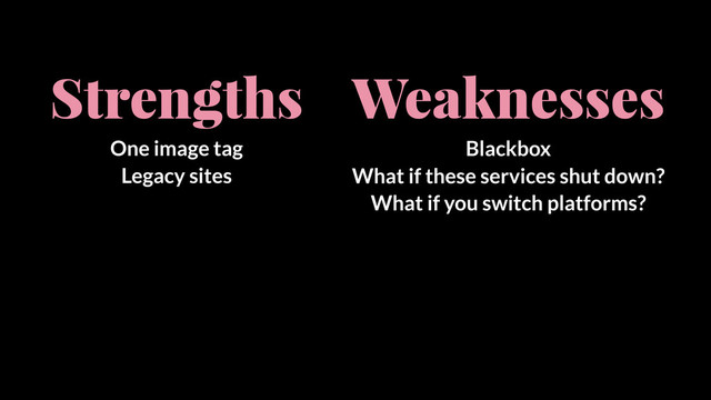 Strengths
One image tag
Legacy sites
Weaknesses
Blackbox
What if these services shut down?
What if you switch platforms?
