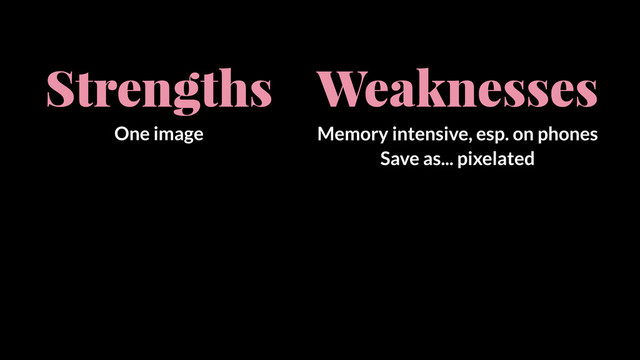 Strengths
One image
Weaknesses
Memory intensive, esp. on phones
Save as... pixelated
