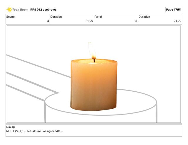 Scene
3
Duration
11 00
Panel
8
Duration
01 00
Dialog
ROCK (V.O.): ...actual functioning candle...
RPS 012 eyebrows Page 17/51
