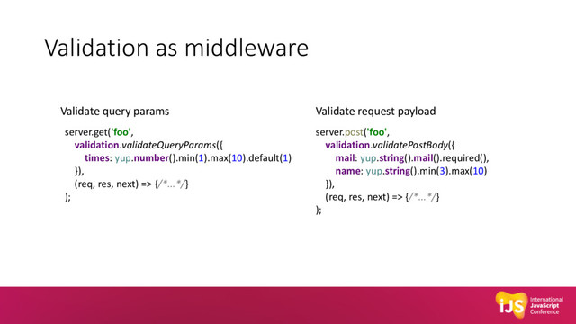 Validation as middleware
server.get('foo',
validation.validateQueryParams({
times: yup.number().min(1).max(10).default(1)
}),
(req, res, next) => {/*...*/}
);
Validate query params
server.post('foo',
validation.validatePostBody({
mail: yup.string().mail().required(),
name: yup.string().min(3).max(10)
}),
(req, res, next) => {/*...*/}
);
Validate request payload
